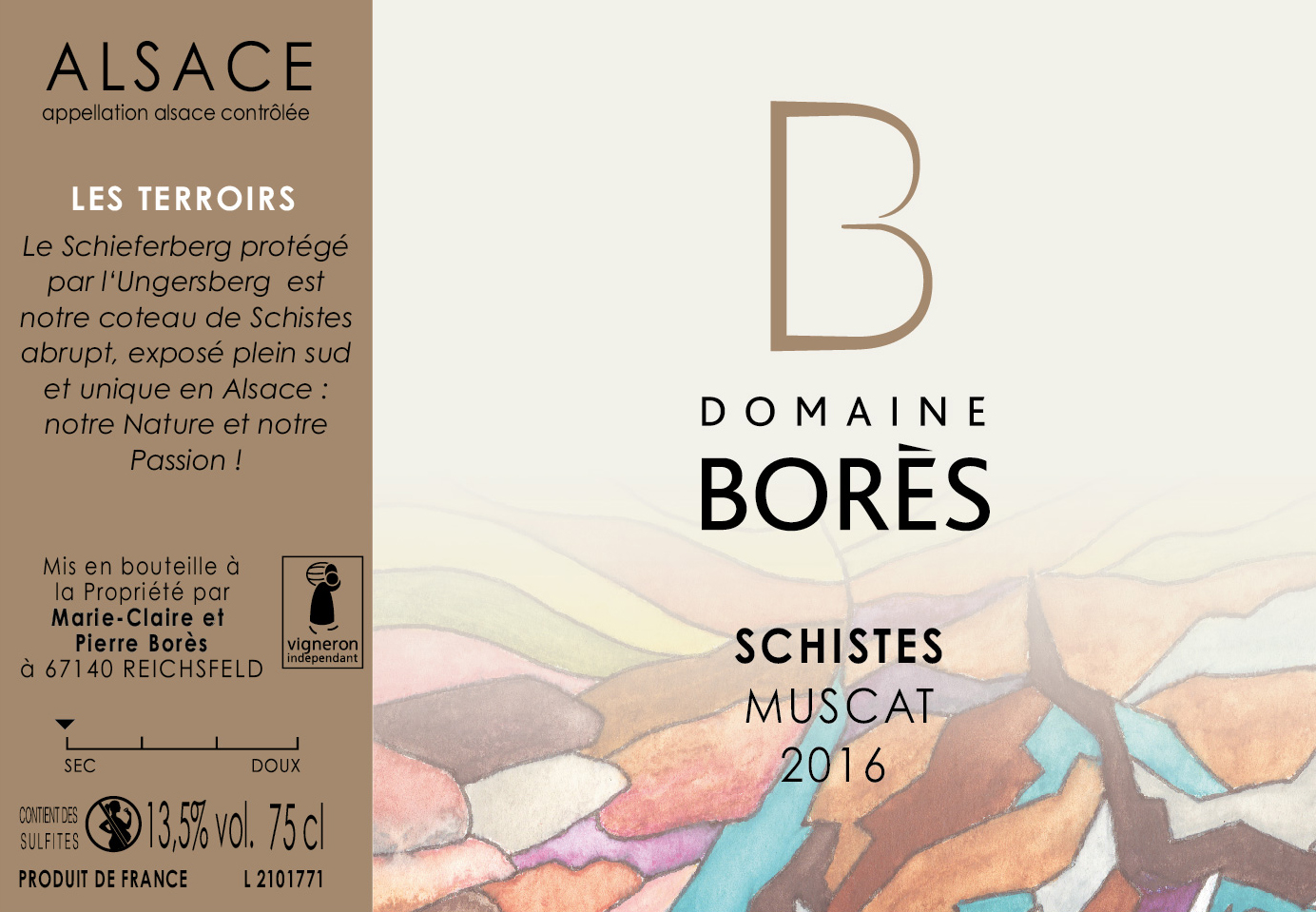 Muscat schistes 2016 Etiquette Domaine Borès Reichsfeld Vin Alsace