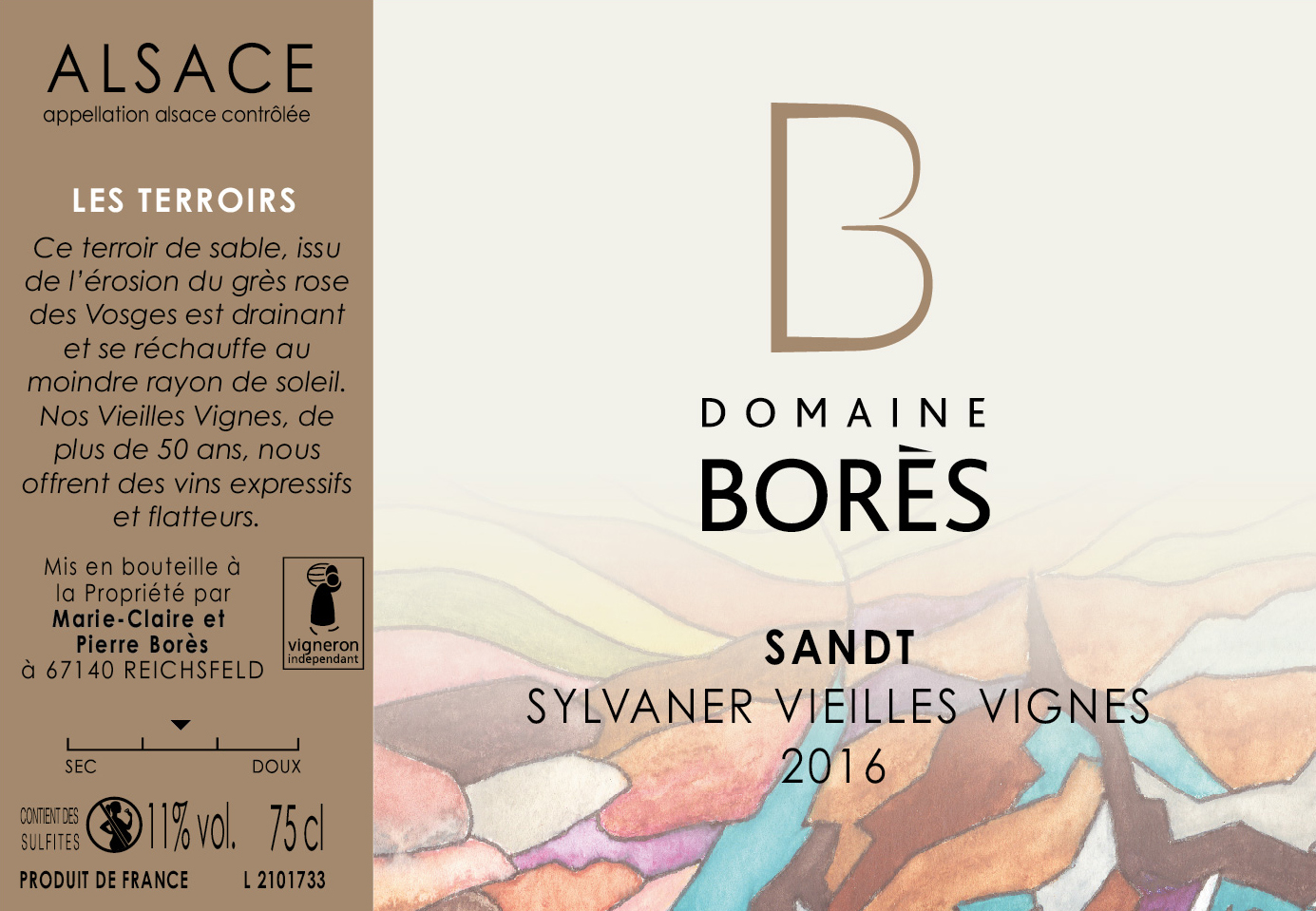 Sylvaner Vieilles vignes Sandt 2016 Etiquette Domaine Borès Reichsfeld Vin Alsace
